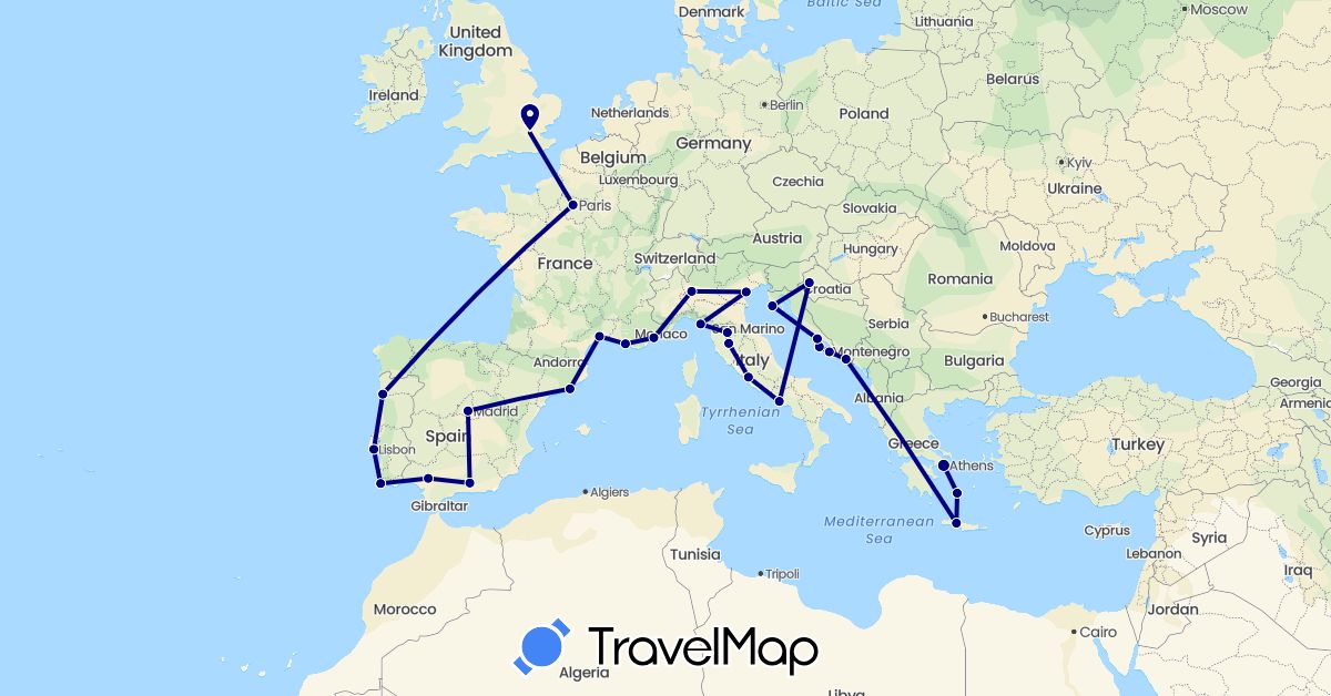 TravelMap itinerary: driving in Spain, France, United Kingdom, Greece, Croatia, Italy, Portugal (Europe)